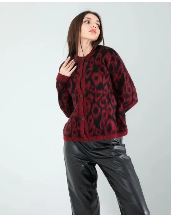 Omarı Leopar Desenli Kırmızı Triko Hırka