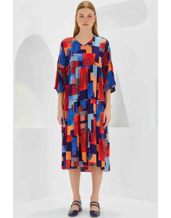 Kırmızı Saks Desenli Kısa Kol Viskon Elbise 1959