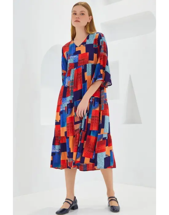 Kırmızı Saks Desenli Kısa Kol Viskon Elbise 1959