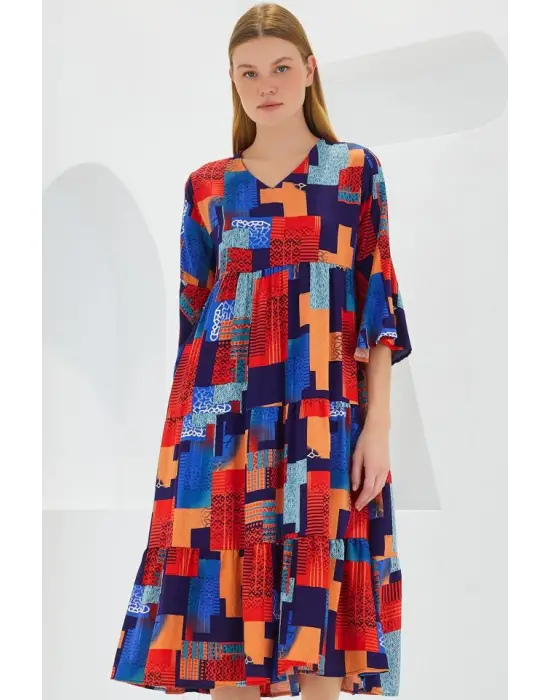 Kırmızı Saks Desenli Kısa Kol Viskon Elbise 1959