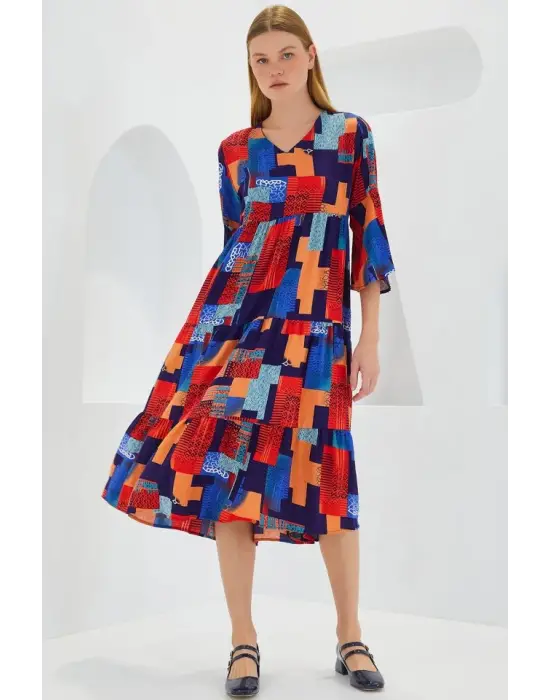 Kırmızı Saks Desenli Kısa Kol Viskon Elbise 1959