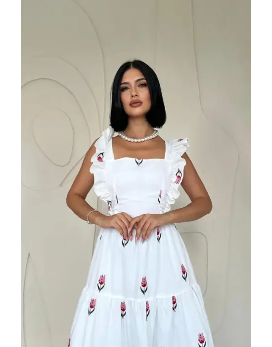 Kırmızı Sıfır Kol Fırfırlı Elbise