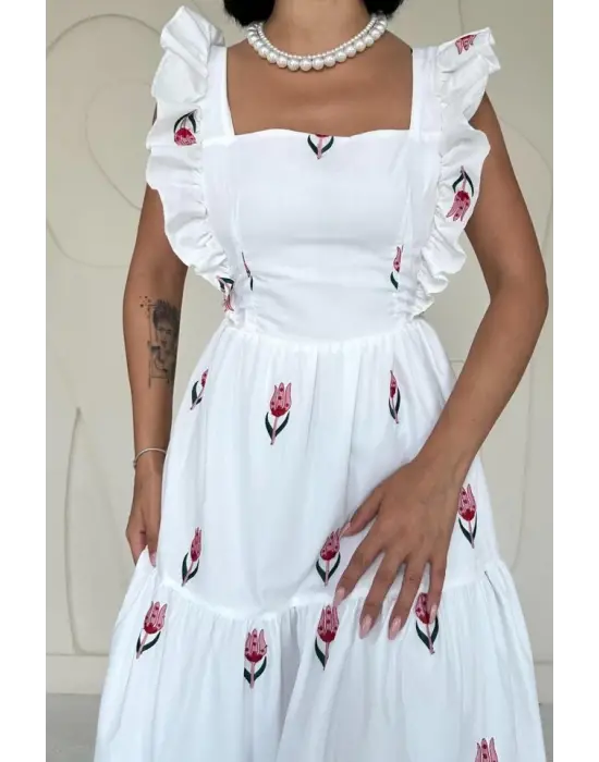 Omarı Kırmızı Fırfırlı Elbise