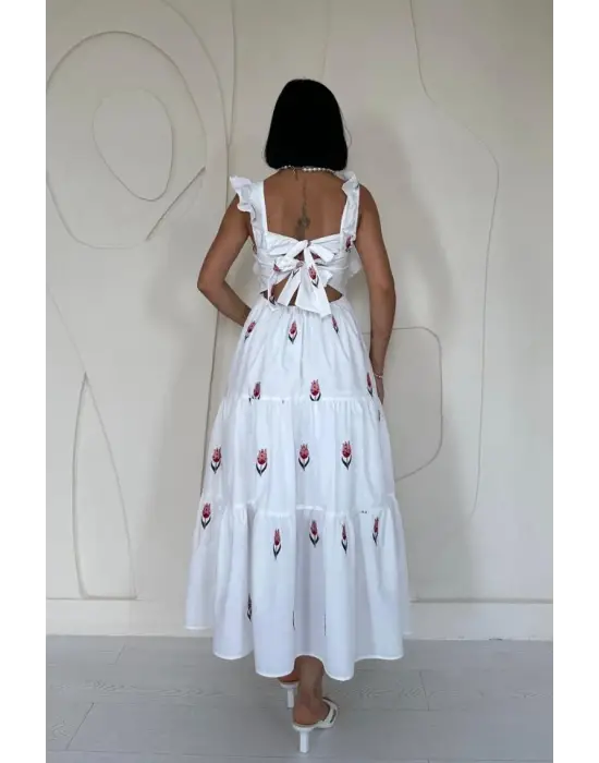 Kırmızı Sıfır Kol Fırfırlı Elbise