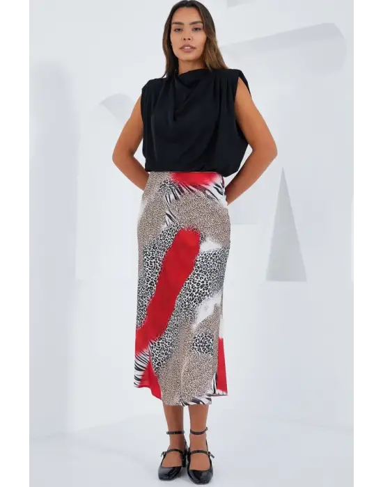 Kırmızı Siyah Desenli Saten Etek 15806