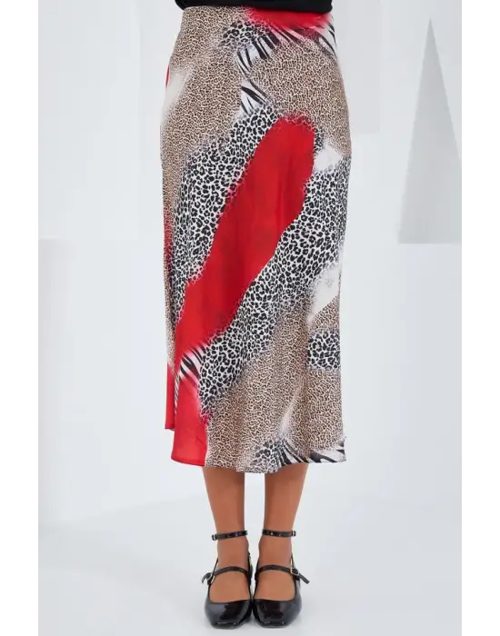 Kırmızı Siyah Desenli Saten Etek 15806