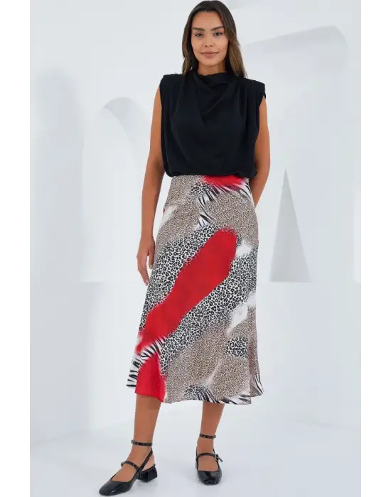 Kırmızı Siyah Desenli Saten Etek 15806
