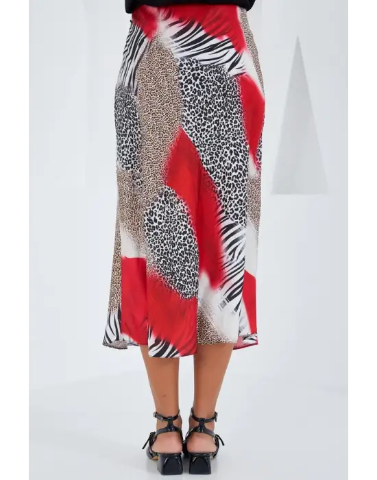 Kırmızı Siyah Desenli Saten Etek 15806