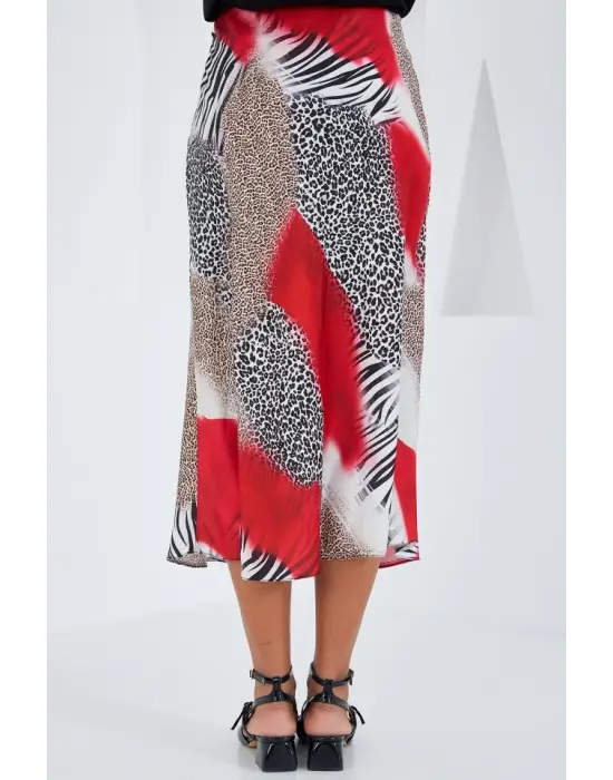 Kırmızı Siyah Desenli Saten Etek 15806