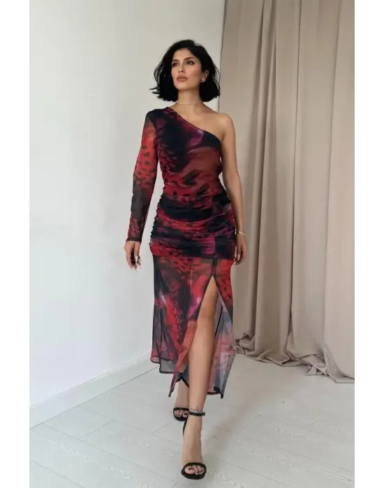 Omarı Zarif Kırmızı Tek Omuzlu Tül Elbise