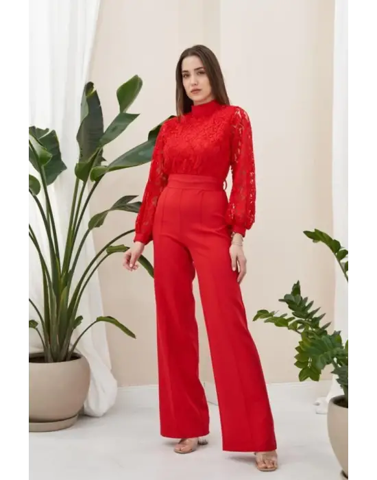 Omarı Dantel Detaylı Kırmızı Tulum