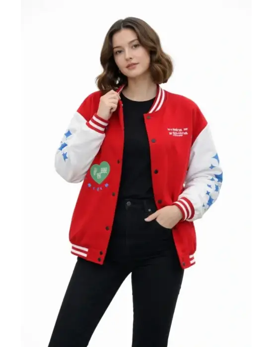 Kırmızı Varsity Çıtçıtlı Baskılı Oversize Kalıp Kolej Ceket - Kırmızı