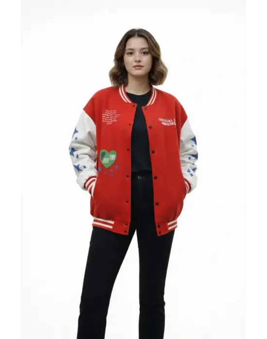 Kırmızı Varsity Çıtçıtlı Baskılı Oversize Kalıp Kolej Ceket - Kırmızı