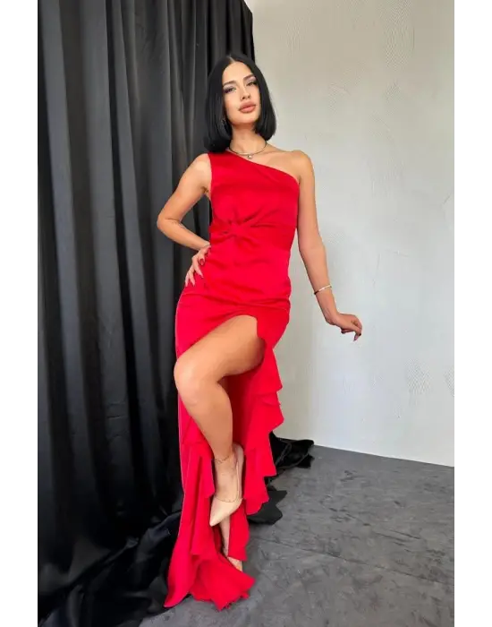 Kırmızı Volanlı Saten Abiye