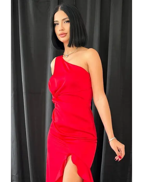 Kırmızı Volanlı Saten Abiye