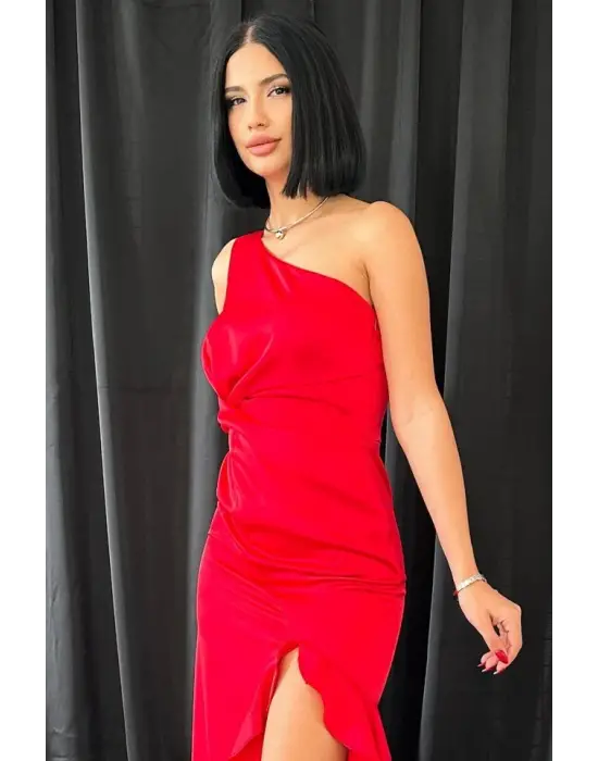 Kırmızı Volanlı Saten Abiye