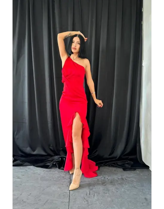 Zarif Kırmızı Volanlı Saten Abiye Elbise