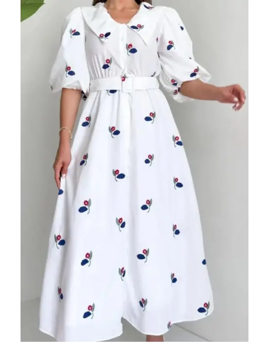 Kırmızı Yakası Çiçek Motifli Kemerli Elbise