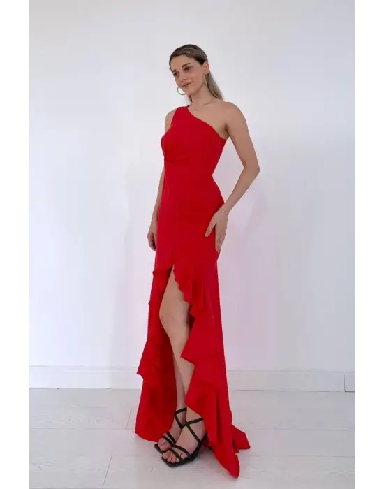 Kırmızı Yırtmaçlı Volanlı Elbise