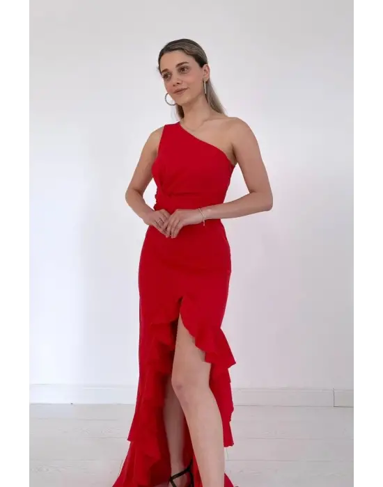 Kırmızı Yırtmaçlı Volanlı Elbise