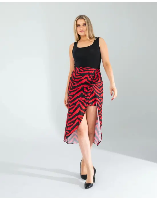 Omarı Zebra Desenli Büzgülü Kırmızı Etek