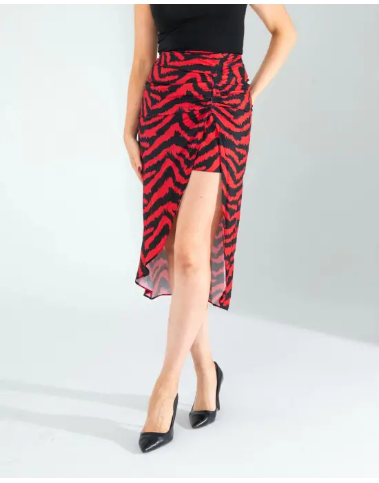 Omarı Zebra Desenli Büzgülü Kırmızı Etek