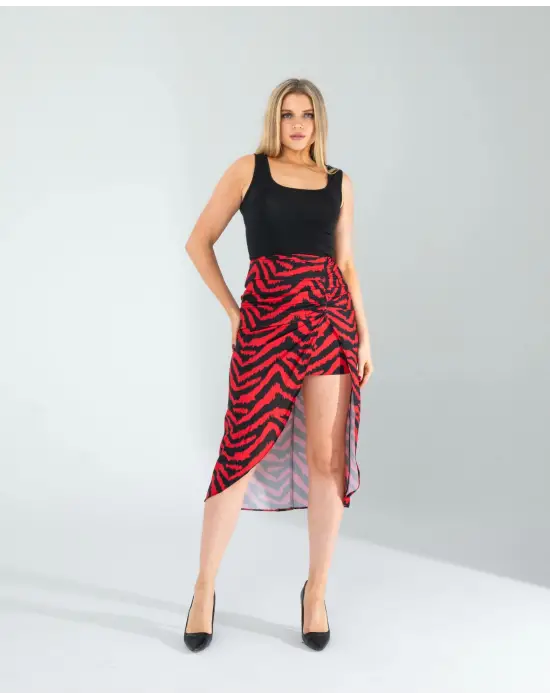 Omarı Zebra Desenli Büzgülü Kırmızı Etek
