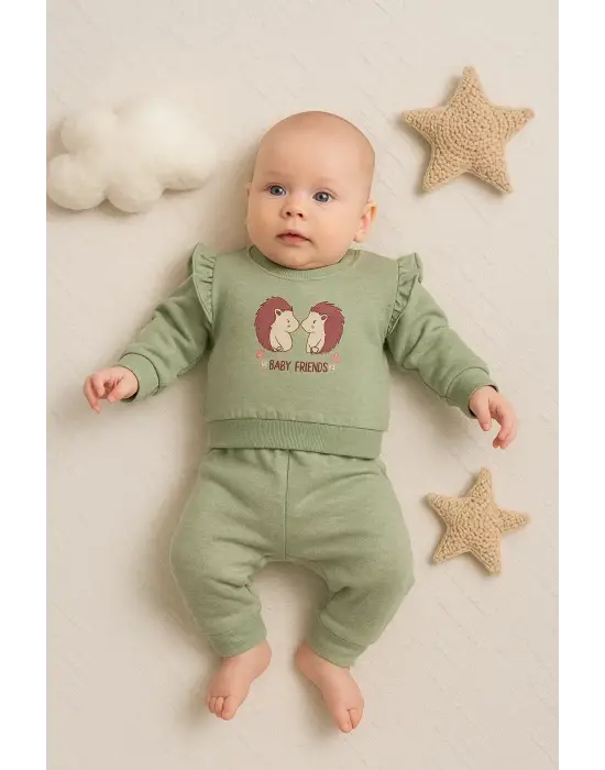 Kirpi Nakışlı % 100 Pamuk 2li Kız Bebek Takım