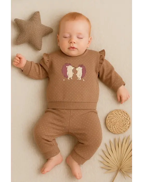Kirpi Nakışlı % 100 Pamuk 2li Kız Bebek Takım
