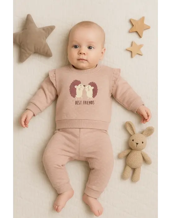 Kirpi Nakışlı % 100 Pamuk 2li Kız Bebek Takım