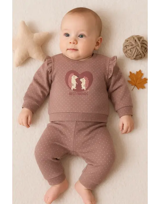 Kirpi Nakışlı % 100 Pamuk 2li Kız Bebek Takım