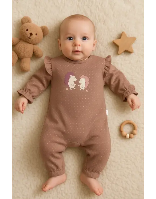 Kirpi Nakışlı % 100 Pamuk Kız Bebek Tulum