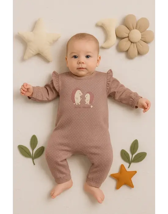 Kirpi Nakışlı % 100 Pamuk Kız Bebek Tulum