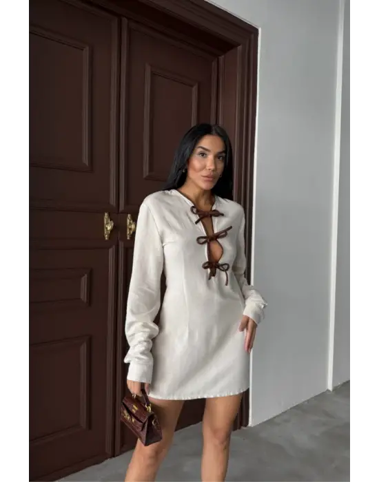 KISA ELBİSE ÖN BİYE BAĞLAMA DETAYLI - Ham