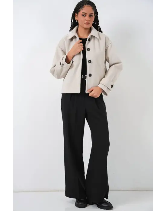 Modern Kısa Kaşe Ceket - Ekru