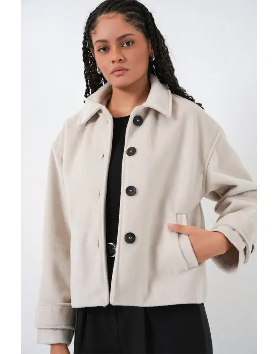 Modern Kısa Kaşe Ceket - Ekru