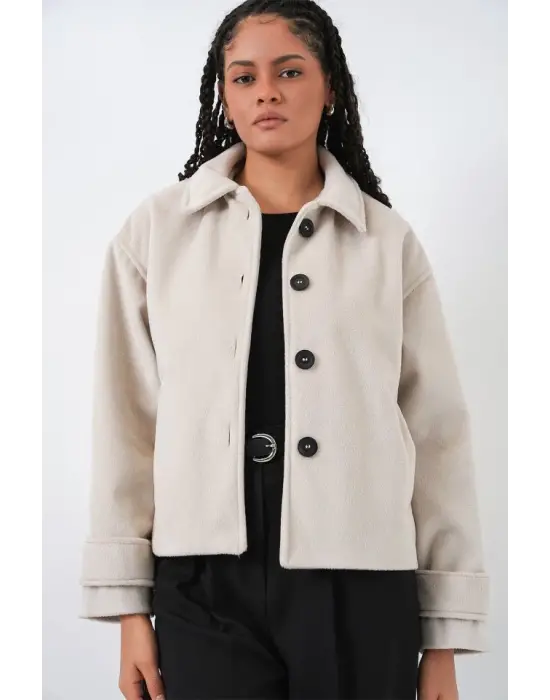 Modern Kısa Kaşe Ceket - Ekru