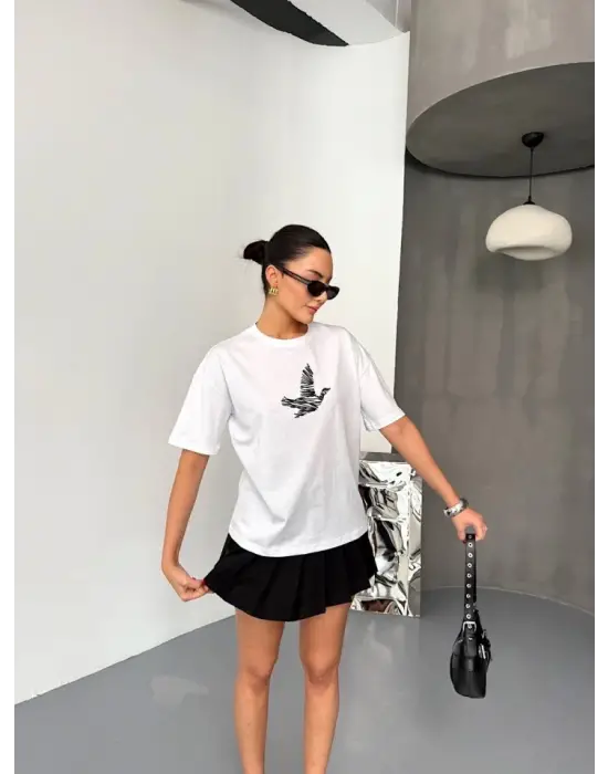 Kısa Kol Baskılı T-shirt - Beyaz