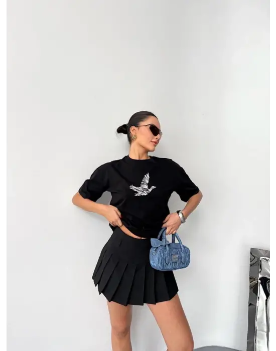 Kısa Kol Baskılı T-shirt - Siyah