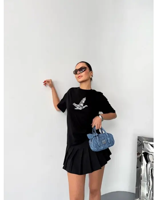 Kısa Kol Baskılı T-shirt - Siyah