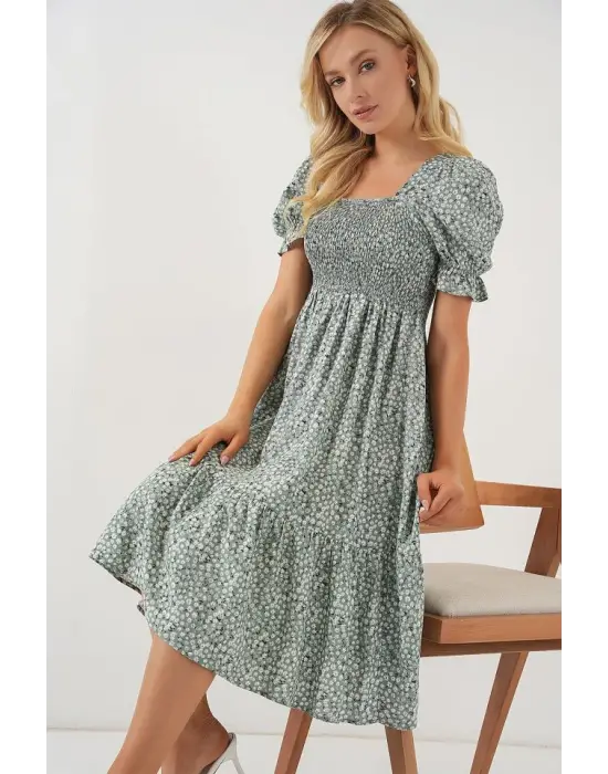 Kısa Kol Çiçekli Elbise 2556 - Mint