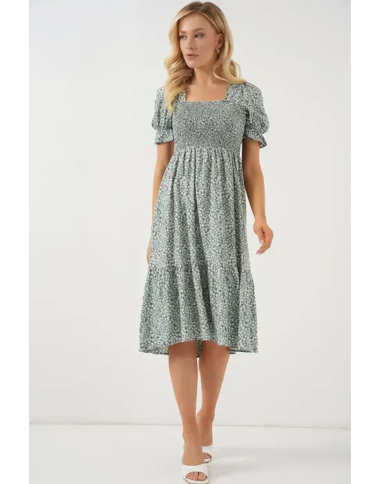 Kısa Kol Çiçekli Elbise 2556 - Mint