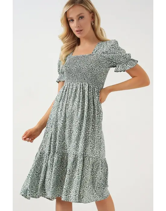 Kısa Kol Çiçekli Elbise 2556 - Mint