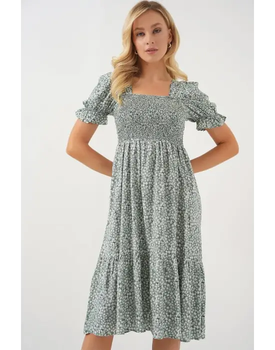 Kısa Kol Çiçekli Elbise 2556 - Mint