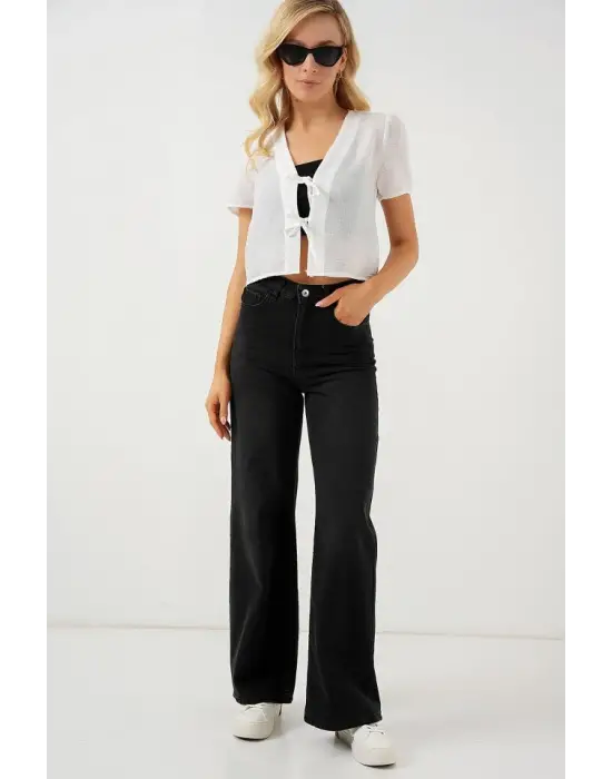 Kısa Kol Crop Bluz 958 - Beyaz