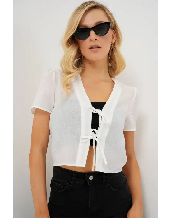 Kısa Kol Crop Bluz 958 - Beyaz