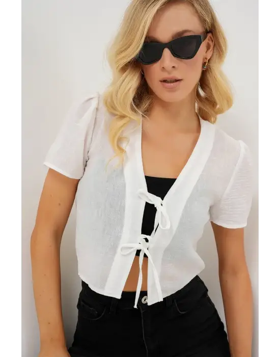 Kısa Kol Crop Bluz 958 - Beyaz