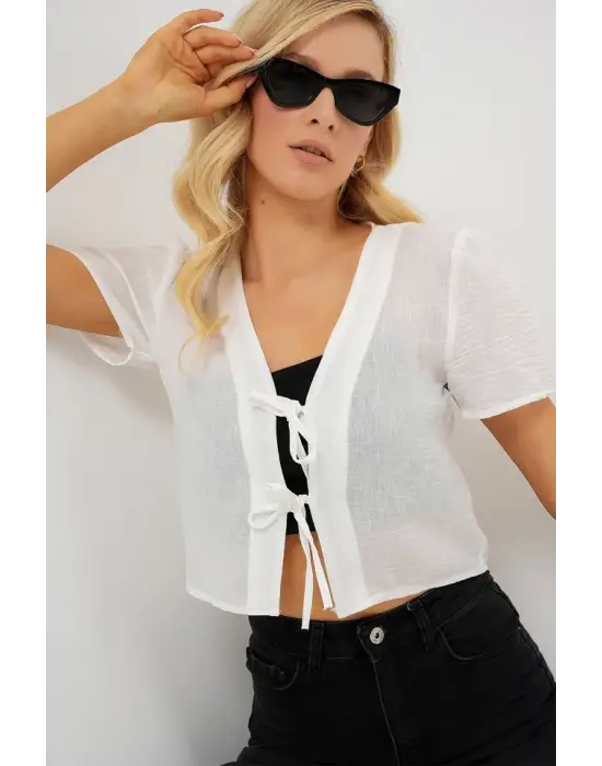 Kısa Kol Crop Bluz 958 - Beyaz
