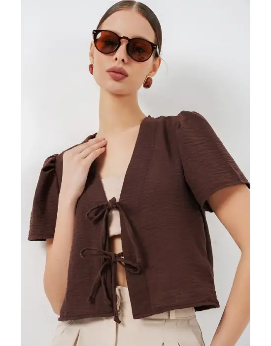 Kısa Kol Crop Bluz 958 - Kahverengi