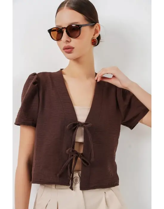 Kısa Kol Crop Bluz 958 - Kahverengi